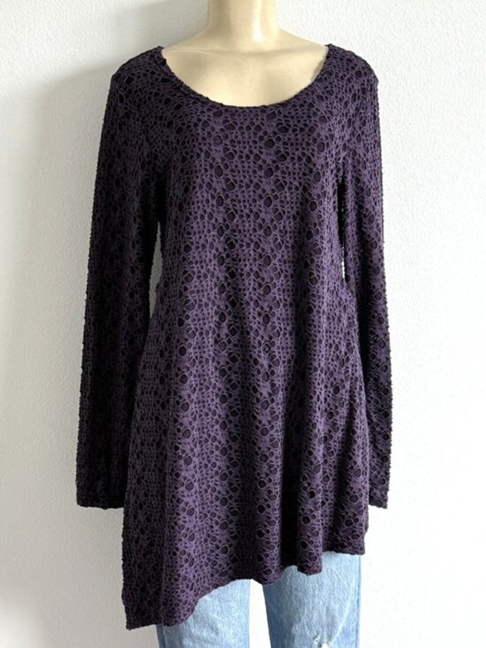 Cut Loose Purple Lagenlook Tunic Top M Asymmetric Lace Eyelet Layered Blouse